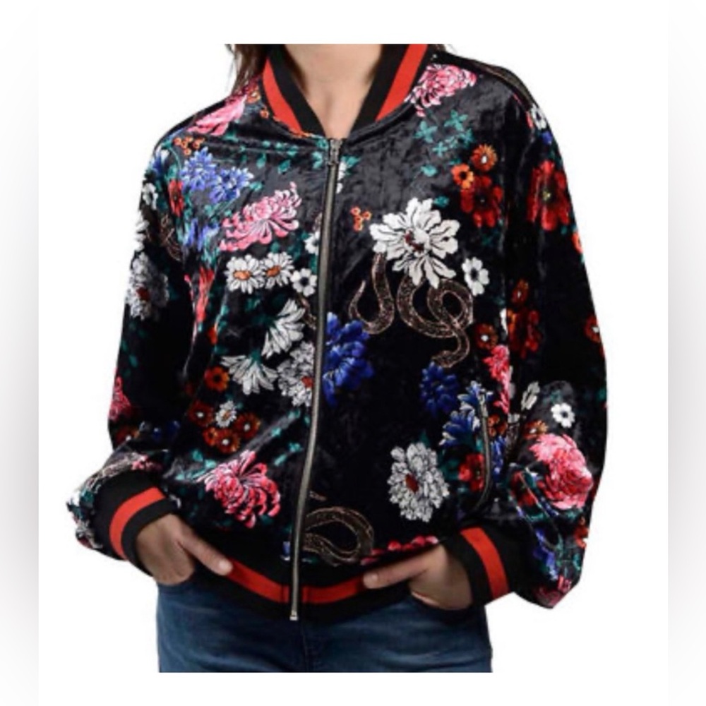 NWT Anna Cai Stunning Burgundy Floral Snake Velvet Bomber Festival Jacket Size L